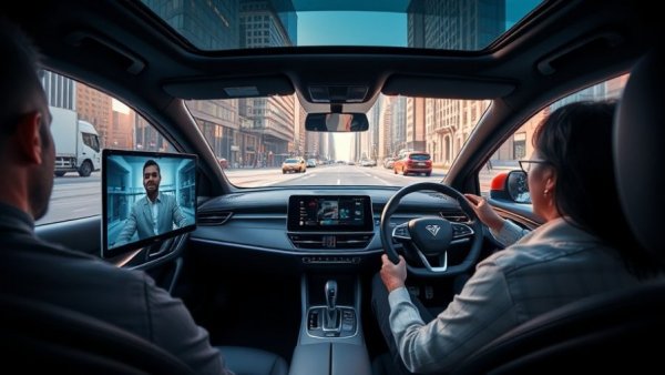 Car interior with screen showing a person, exploring legal gray areas around using screens while driving.