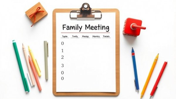 Illustrated family meeting agenda with pens for a family meeting.