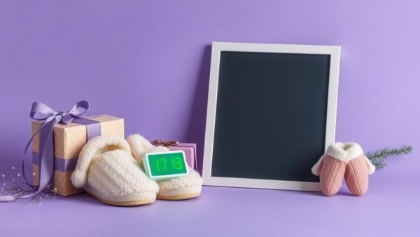 Cozy gifts for people with dementia: slippers, frame, cat toy, clock.