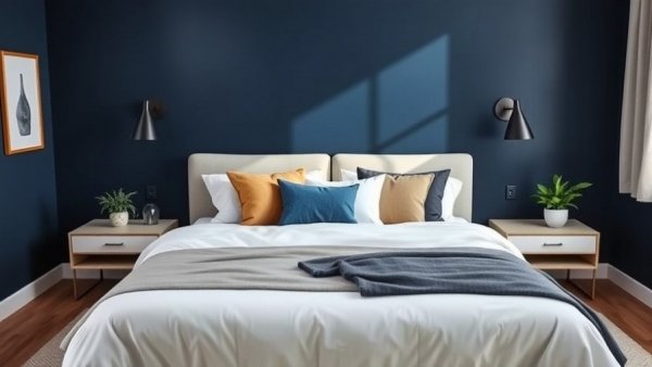 Modern bedroom with navy walls and designer decor.