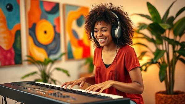 Woman playing keyboard, a hobby to reduce stress, in a cozy room.