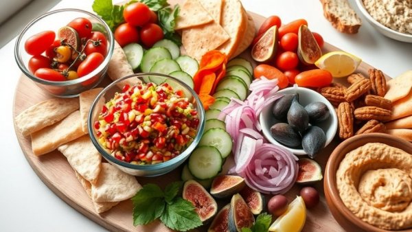 Colorful vegan charcuterie board with fresh ingredients on a table.