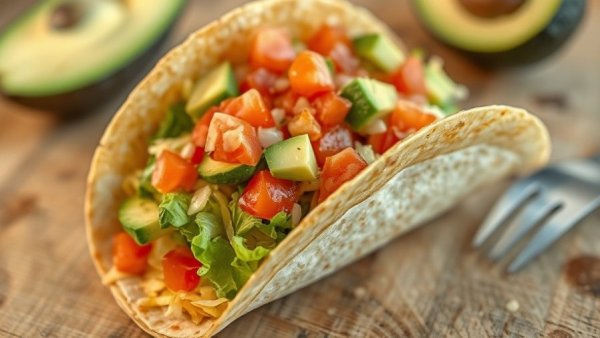 Colorful taco salad in shell on wooden table with text overlay.