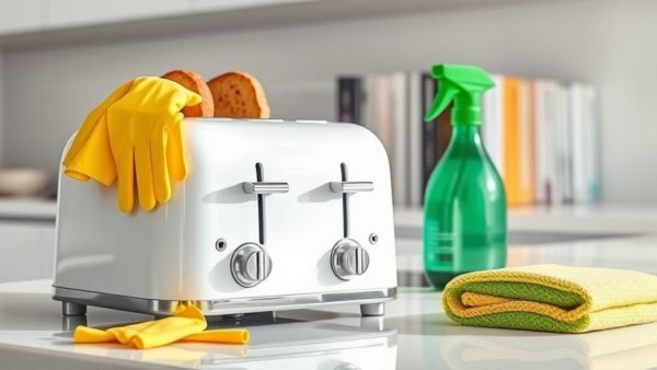 Cleaning a toaster in a modern kitchen setup with cleaning tools nearby.