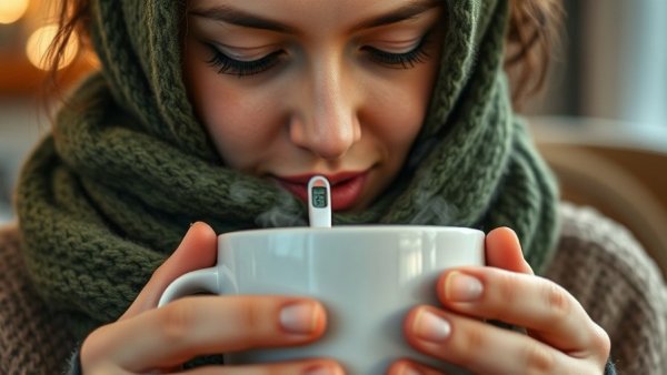 Sick woman with thermometer and steaming mug, Cold vs. Flu Symptoms.