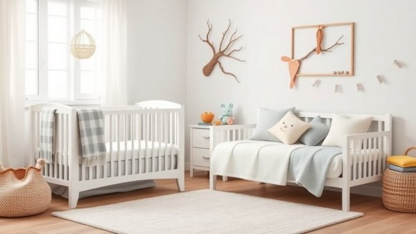 Transitional nursery to big kids room with white crib and daybed, cozy setup.