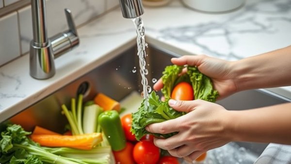 Washing vegetables to reduce pesticide exposure at kitchen sink.