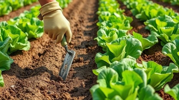 Gardener using fireplace ash on soil between lettuce rows.