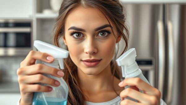 Woman testing best laundry stain removers in modern kitchen.