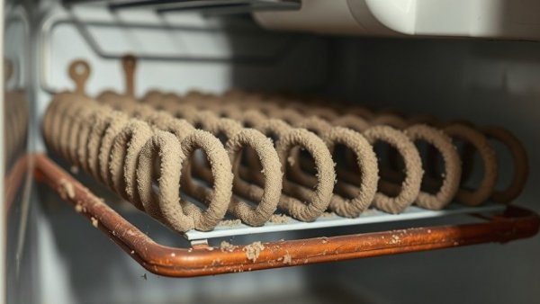 Dirty refrigerator coils with dust accumulation.