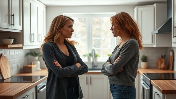 Parenting kids with trauma: two women discussing in kitchen.
