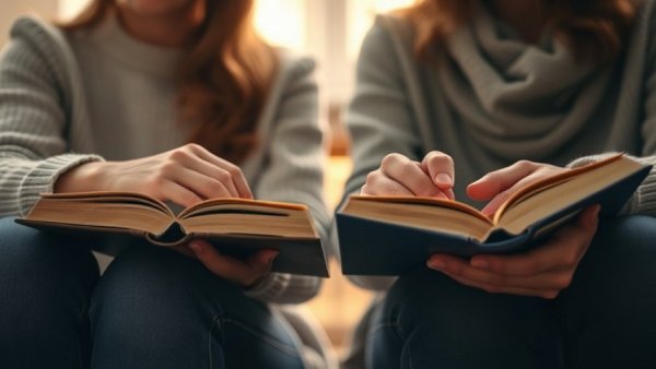 Couple holding books with clasped hands, warm natural light.