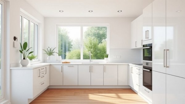 Minimalist kitchen showcasing dated design details with white cabinetry.