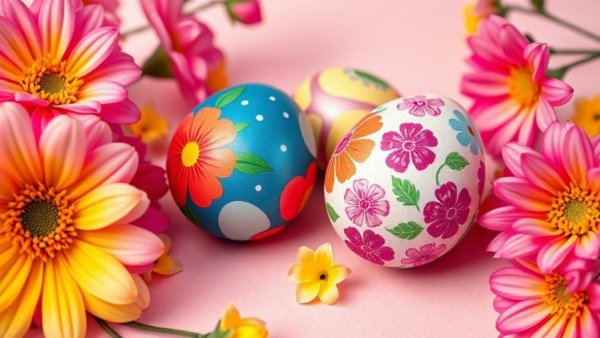 Colorful Easter eggs beautifully decorated amidst flowers.