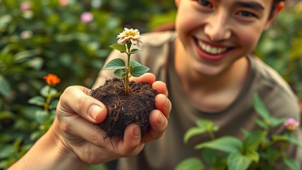Close-up of hand holding plant in garden illustrating benefits of planting flowers.