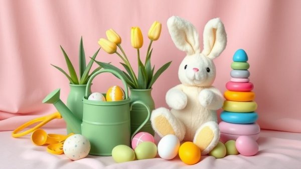 Easter gifts for toddlers including plush bunny, toys, and tulips on pink.