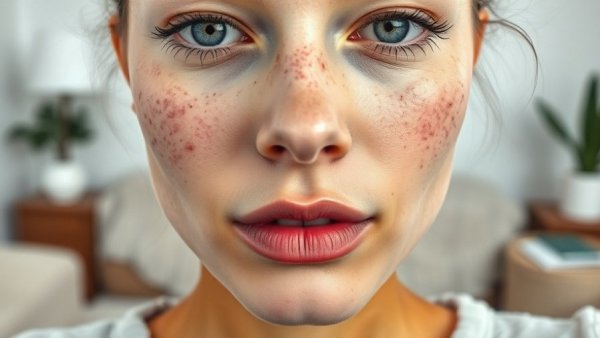 Young woman's face before and after skin flooding for acne-prone skin.