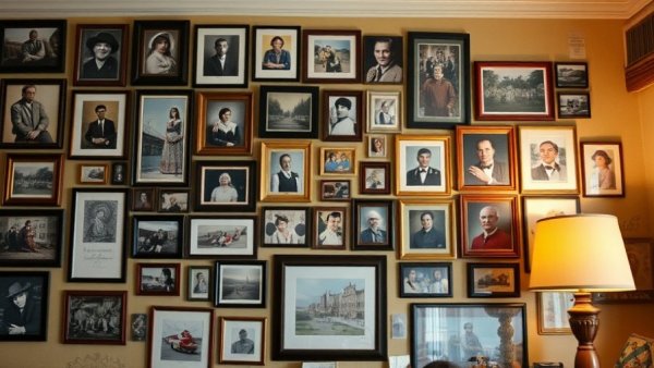 Eclectic gallery wall decor with diverse artworks and photos.