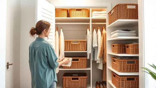 Organized closet with baskets using the Core 4 Declutter Method.