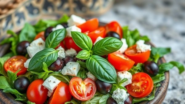 Colorful Mediterranean salad depicting Mediterranean diet benefits.