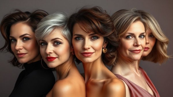 Portraits of mature women showcasing stylish haircuts in a studio setting.