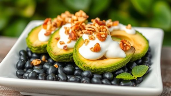 Healthy avocado dish with yogurt and nuts on beans, belly fat burning recipes.