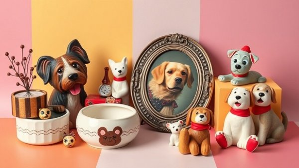 Whimsical dog-themed gifts arranged on a colorful background.