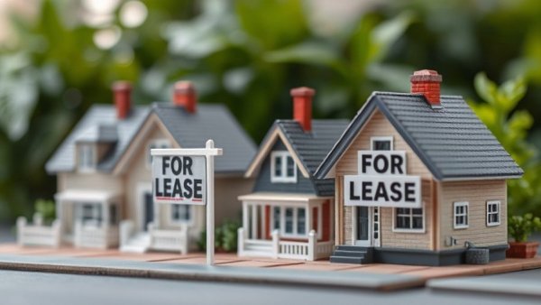 AI in the housing market concept with model houses and digital code.