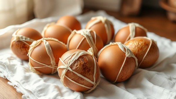 Brown eggs wrapped in onion skins for natural dyeing, simple setup.
