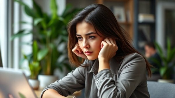 Young woman practicing daily burnout prevention habits in a modern office.