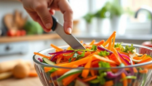 Colorful vegetable scraps being reused, hand slicing carrots.