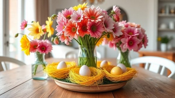 Easter flower arrangements with eggs on a rustic table