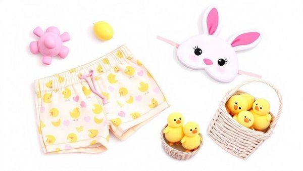 Colorful Easter basket stuffers including shorts and plushies on pastel.