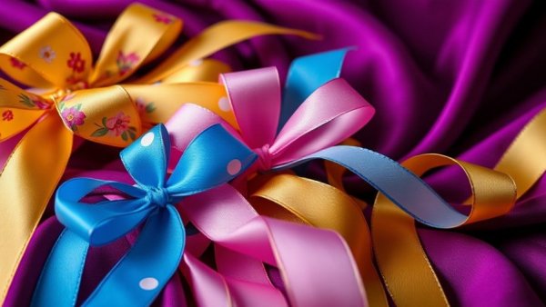 Easter ribbon crafts with colorful ribbons on purple fabric backdrop.