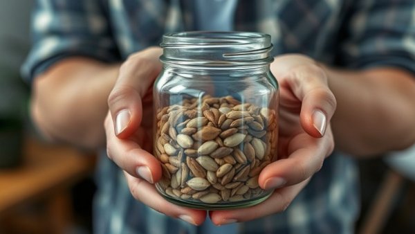 Hands holding a jar of chia and flax seeds, blurred background.