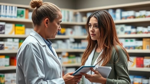 Pharmacist helping customer with prescription query
