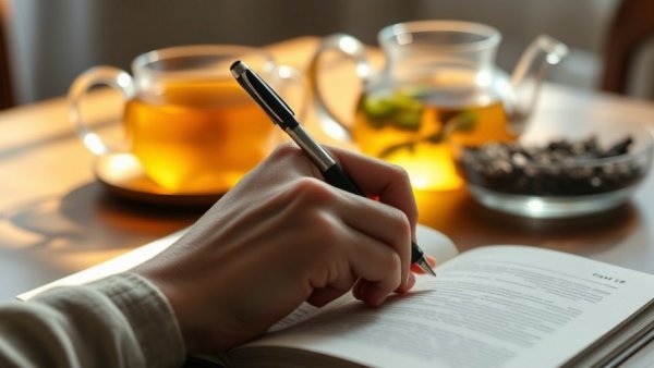 Hand writing in journal with tea, stress relief.