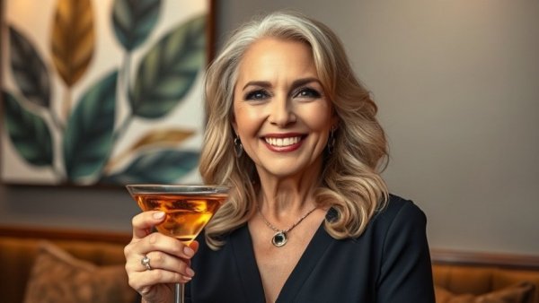 Elegant older woman enjoying a martini indoors with abstract decor.