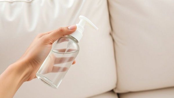 Close-up of a hand cleaning a white sofa with a spray bottle.