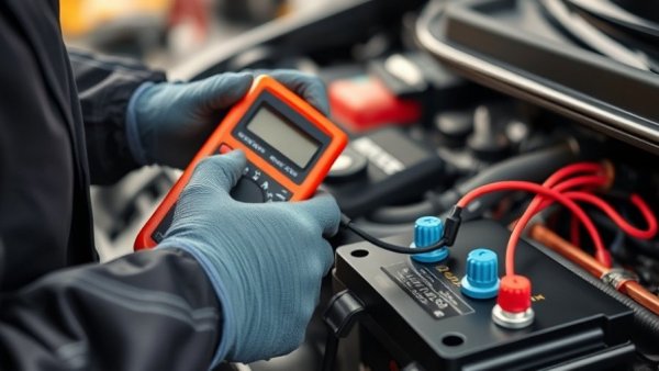 Technician checking car battery with multimeter, car battery issue.