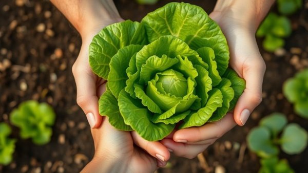 Hands cradling fast growing lettuce in garden soil.