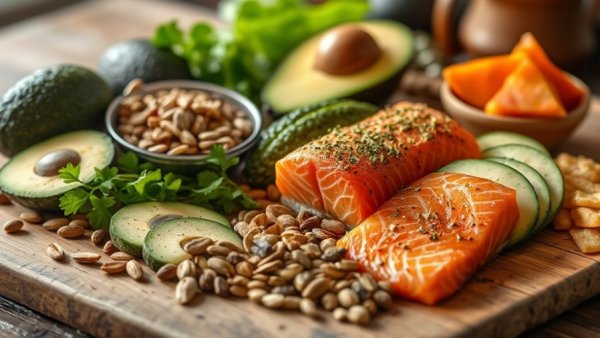 Assortment of foods that lower heart disease risk, including fish, nuts, and vegetables.