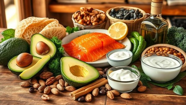 Healthy foods for lowering heart disease risk arranged on a table.
