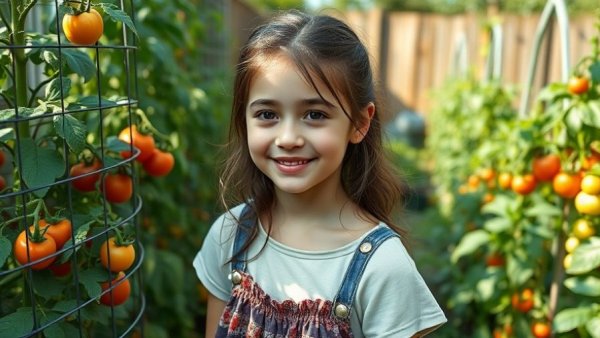 Young girl enjoying kids gardening activities in a backyard.