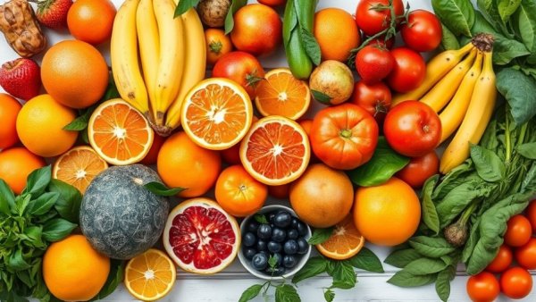 Colorful foods that help you sleep on white wooden surface.