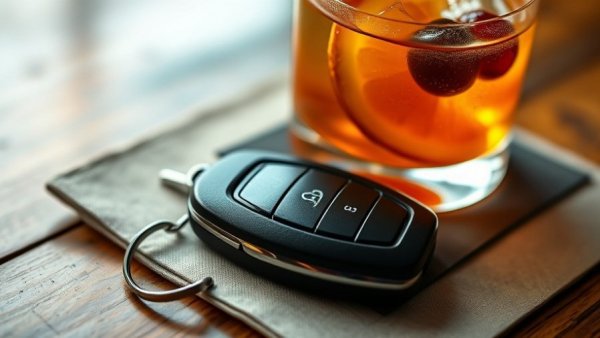 Car key fob and cocktail glass on a wooden table, highlighting federal surveillance in cars.