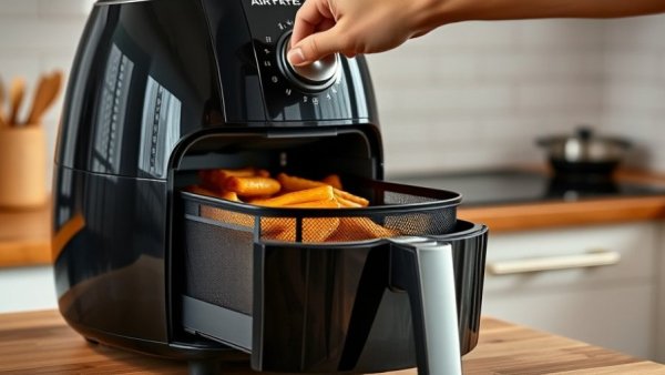 Air fryer troubleshooting with person adjusting basket; modern kitchen.
