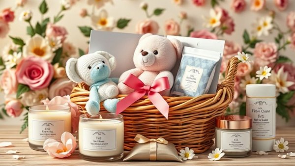 First Mother's Day gifts arranged with a floral backdrop