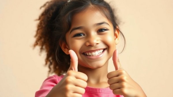 Cheerful young girl smiling and giving thumbs up, symbolizing positivity and confidence, Raising Strong and Confident Daughters concept.
