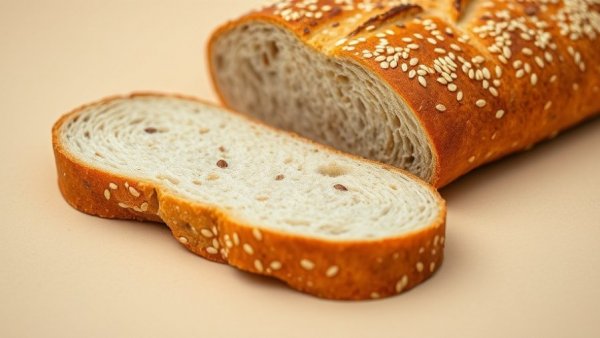 Slices of multigrain bread with sesame seeds on a beige background.